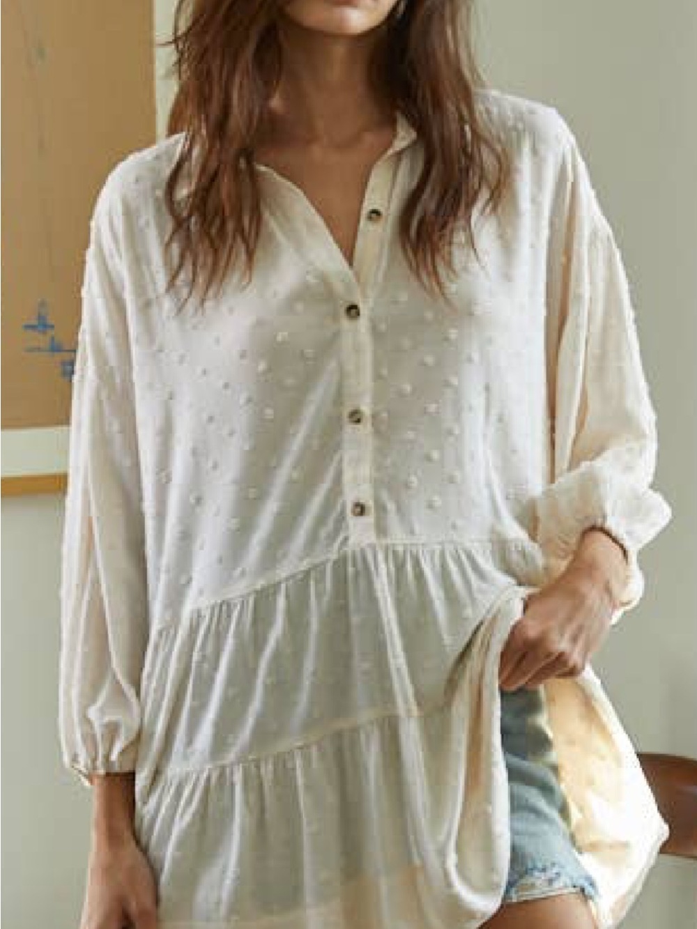 By Together Cream Swiss Dot Button-Front Tiered Tunic